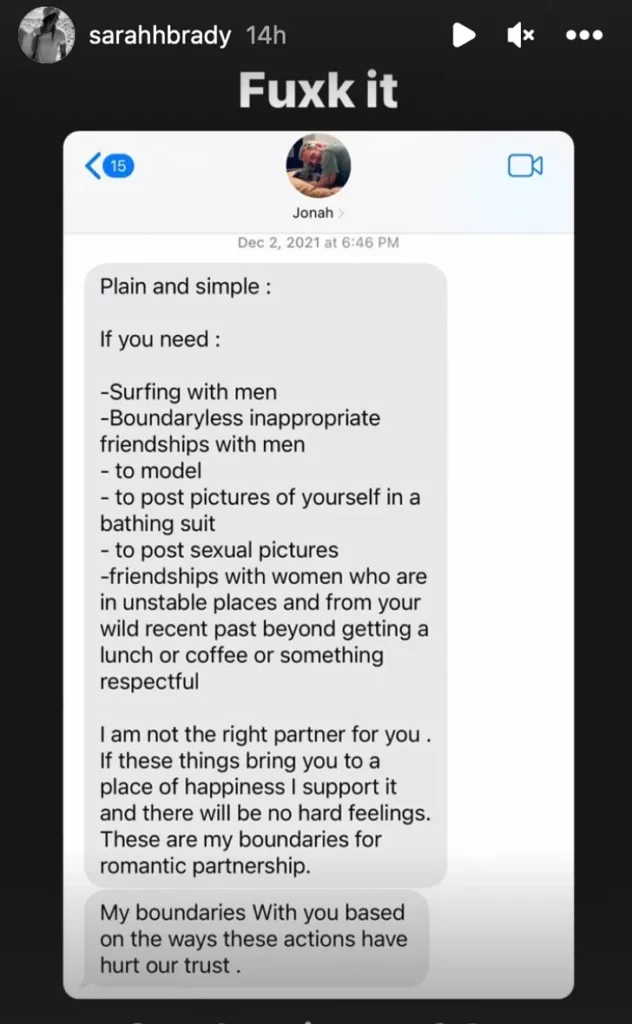 Sarah Brady shares a screenshot of text messages from ex Jonah Hill. 