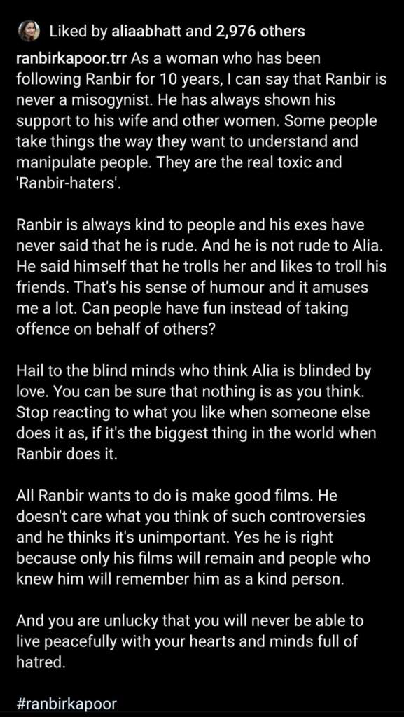 Alia Bhatt liked this post of a Ranbir Kapoor fan page on instagram
